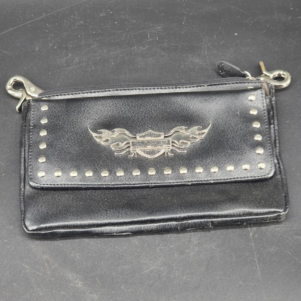 Harley-Davidson Studded Biker Wallet Clutch Faux Leather Flames Logo Black